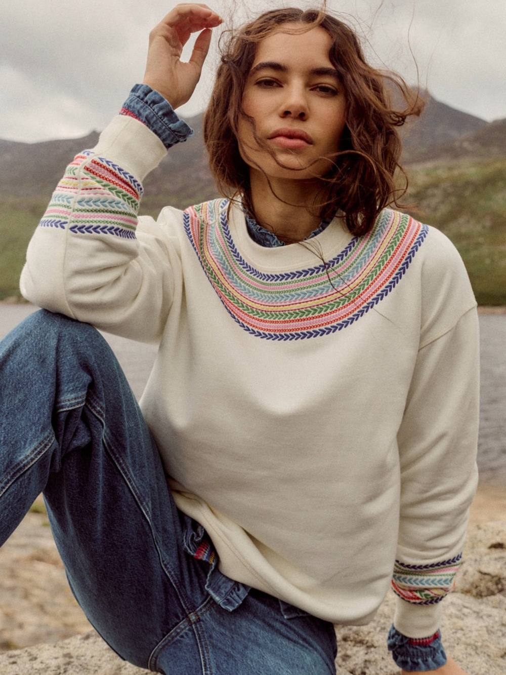 Boden Emi Embroidered Fair Isle Cotton Sweatshirt Ivory Multi Medium